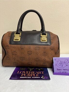 MCM Brown Monogram Visetos Satchel with Black Trim and Gold Hardware